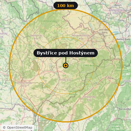 Mapa oblasti působení — okruh 100 km kolem Bystřice pod Hostýnem
